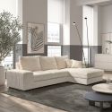 Canapé d'angle gauche convertible en tissu velours côtelé crème avec 2 coussins - ELKO
