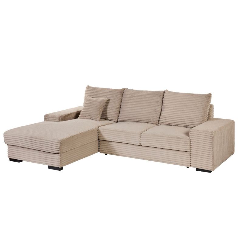 Canapé d'angle droit convertible en tissu velours côtelé taupe avec 2 coussins - ELKO