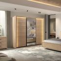 Armoire 3 portes coulissantes avec miroir et leds aspect bois et noir - LUDY