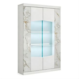 Vitrine 2 portes avec leds laqué blanc et imitation marbre - ETOLIS