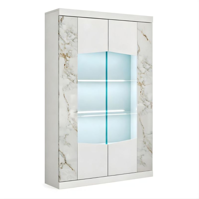 Vitrine 2 portes avec leds laqué blanc et imitation marbre - ETOLIS