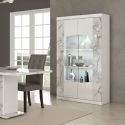 Vitrine 2 portes avec leds laqué blanc et imitation marbre - ETOLIS