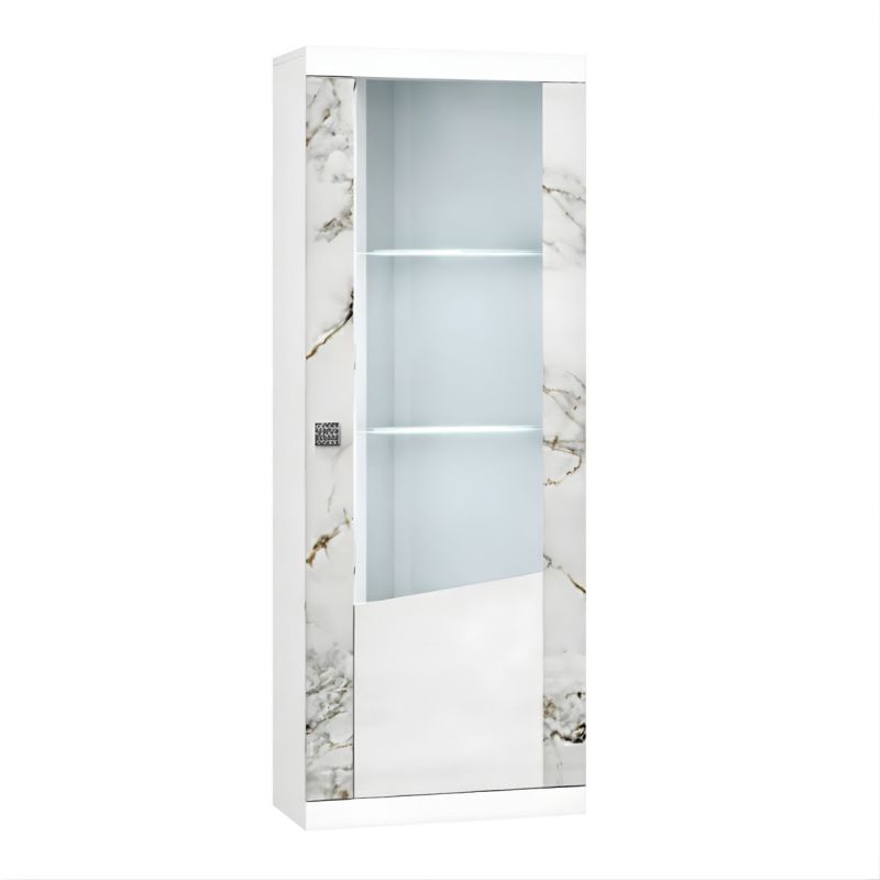 Vitrine droite 1 porte avec leds laqué blanc et imitation marbre - ETOLIS