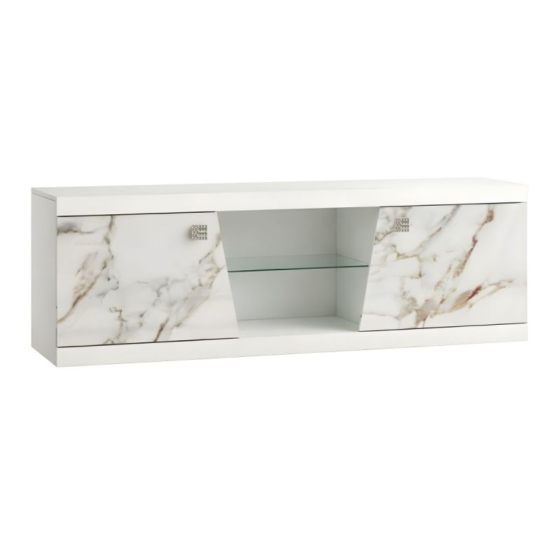 Meuble TV 2 portes 2 niches laqué blanc et imitation marbre - ETOLIS
