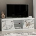 Meuble TV 2 portes 2 niches laqué blanc et imitation marbre - ETOLIS