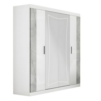 Armoire 4 portes avec 2 portes miroir centrales laqué blanc et imitation marbre - GENESIS