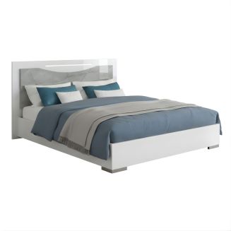 Lit 140x190cm avec ruban led sur tête de lit laqué blanc et imitation marbre - GENESIS