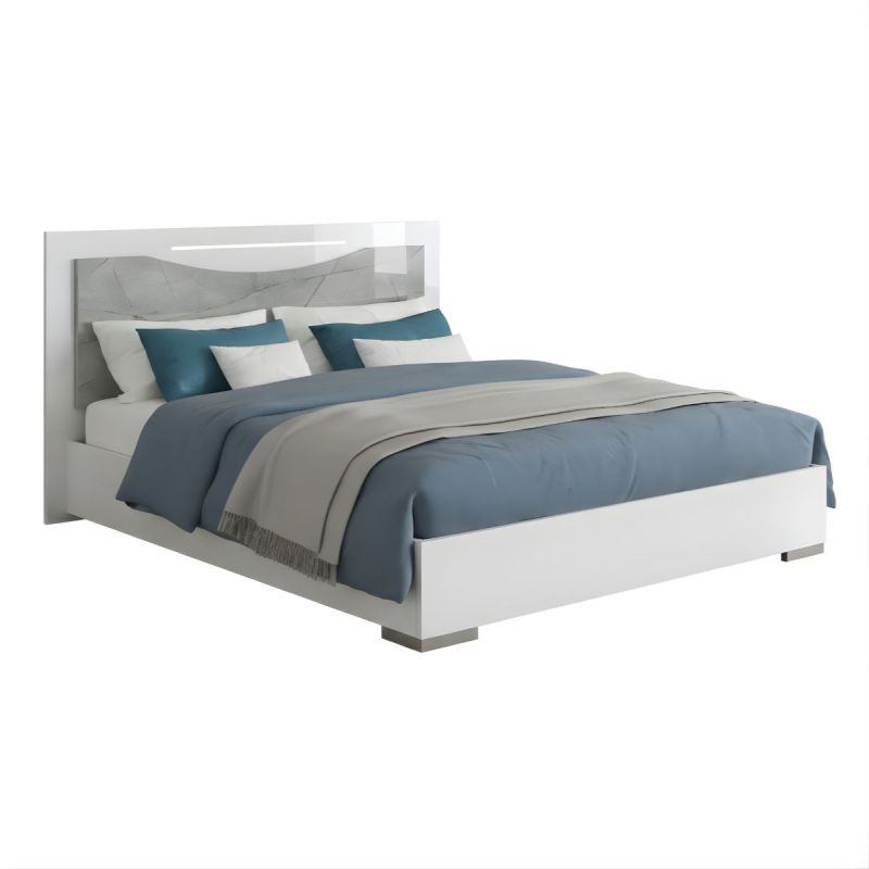 Lit 160x200cm avec ruban led sur tête de lit laqué blanc et imitation marbre - GENESIS