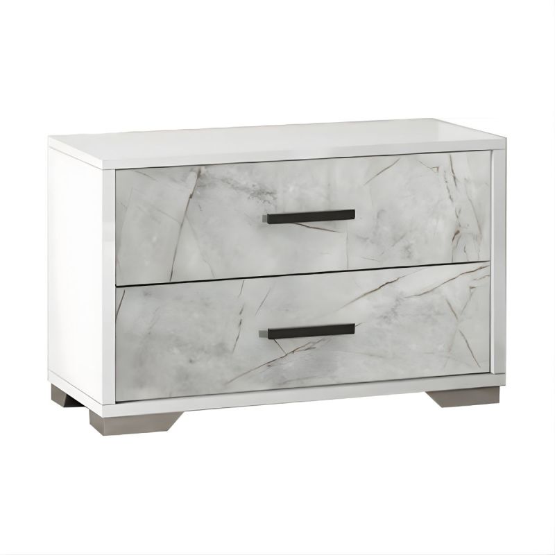 Chevet 2 tiroirs laqué blanc et imitation marbre - GENESIS