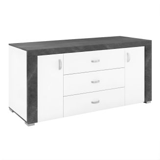 Buffet 2 portes 3 tiroirs laqué blanc et imitation granit gris - NEWELL