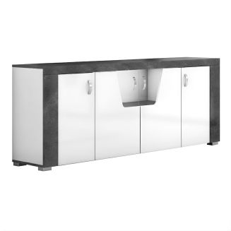 Buffet 4 portes avec leds laqué blanc et imitation granit gris - NEWELL