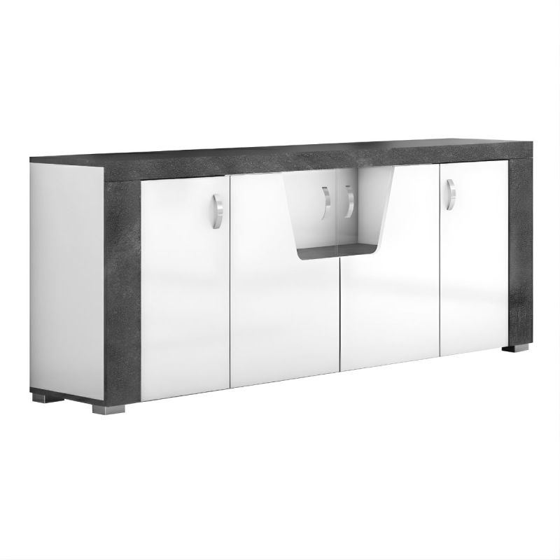 Buffet 4 portes avec leds laqué blanc et imitation granit gris - NEWELL