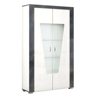 Vitrine 2 portes avec leds laqué blanc et imitation granit gris - NEWELL