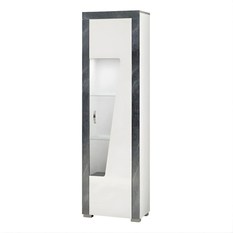 Vitrine droite 1 porte avec leds laqué blanc et imitation granit gris - NEWELL