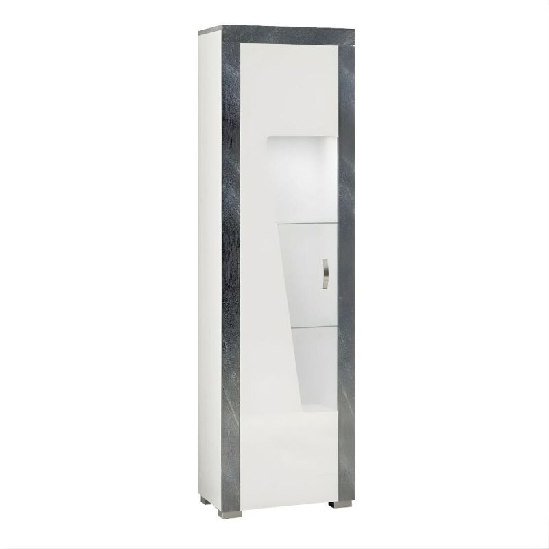 Vitrine gauche 1 porte avec leds laqué blanc et imitation granit gris - NEWELL