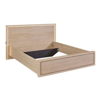 Lit 140x190cm avec tête de lit chevets suspendus et éclairage intégré aspect bois et noir - LUDY