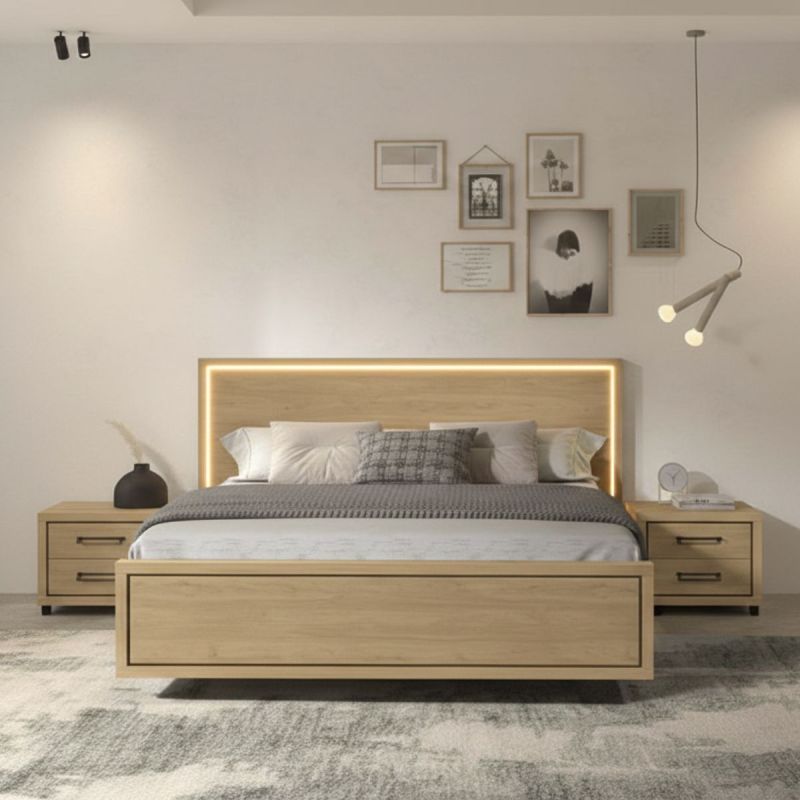 Ensemble Lit 140x190cm avec éclairage led + 2 chevets aspect bois et noir - LUDY