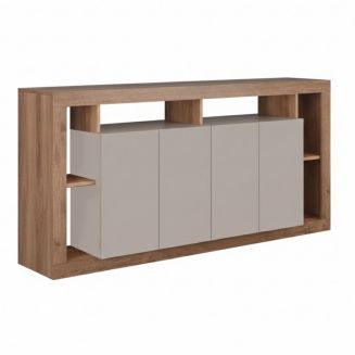 Buffet 4 portes avec encadrement 6 niches beige et aspect bois finition Mercure - LIMANI