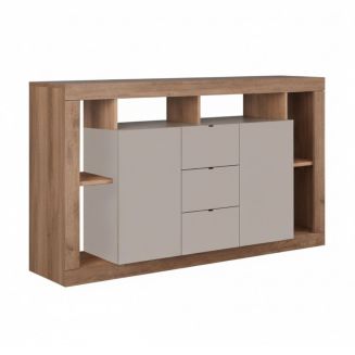 Buffet 2 portes 3 tiroirs avec encadrement 6 niches beige et aspect bois finition Mercure - LIMANI
