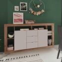 Buffet 2 portes 3 tiroirs avec encadrement 6 niches beige et aspect bois finition Mercure - LIMANI