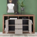 Buffet 2 portes 3 tiroirs avec encadrement 6 niches beige et aspect bois finition Mercure - LIMANI