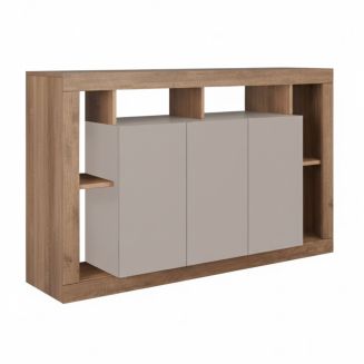 Buffet 3 portes avec encadrement 6 niches beige et aspect bois finition Mercure - LIMANI