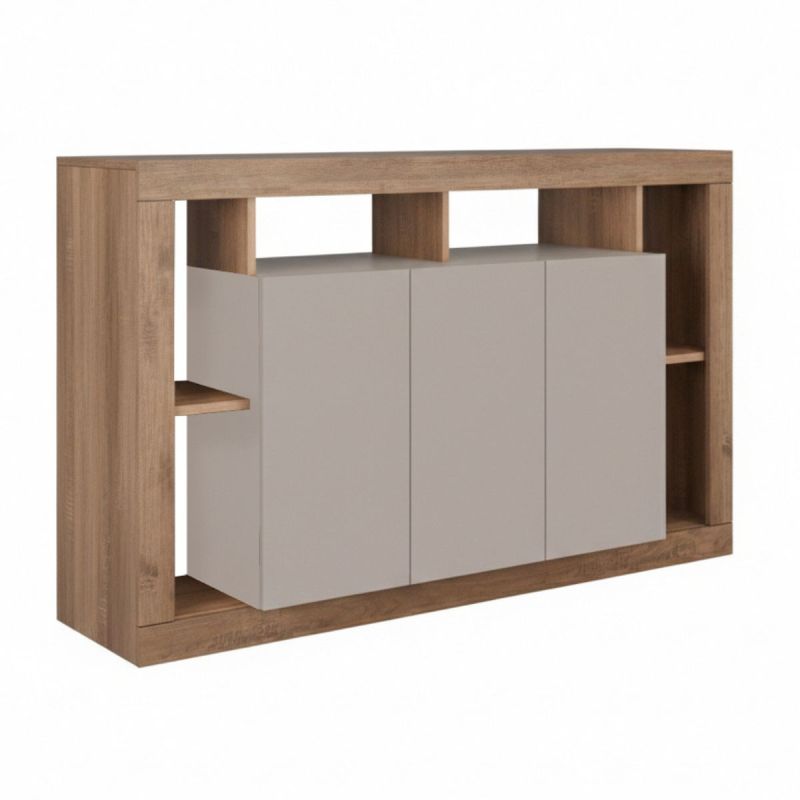 Buffet 3 portes avec encadrement 6 niches beige et aspect bois finition Mercure - LIMANI