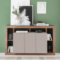 Buffet 3 portes avec encadrement 6 niches beige et aspect bois finition Mercure - LIMANI