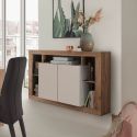 Buffet 2 portes avec encadrement 5 niches beige et aspect bois finition Mercure - LIMANI