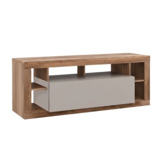 Meuble TV 1 porte avec encadrement 6 niches beige et aspect bois finition Mercure - LIMANI