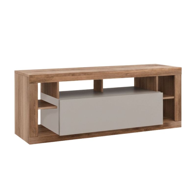 Meuble TV 1 porte avec encadrement 6 niches beige et aspect bois finition Mercure - LIMANI