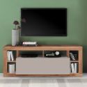 Meuble TV 1 porte avec encadrement 6 niches beige et aspect bois finition Mercure - LIMANI