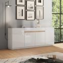 Buffet 4 portes 1 tiroir laqué blanc plateau et détail façade aspect bois finition Cadiz - FANASY