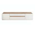Meuble TV 2 portes 2 tiroirs laqué blanc plateau et détail façade aspect bois finition Cadiz - FANASY