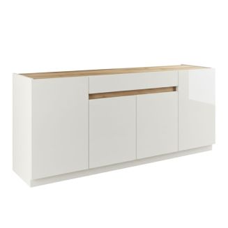 Buffet 4 portes 1 tiroir laqué blanc plateau et détail façade aspect bois finition Cadiz - FANASY