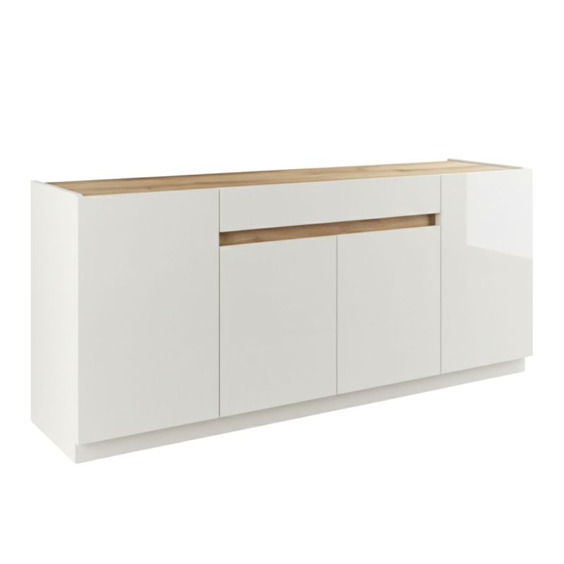 Buffet 4 portes 1 tiroir laqué blanc plateau et détail façade aspect bois finition Cadiz - FANASY