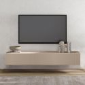 Meuble TV suspendu 160cm 1 porte abattante relief laqué beige - JANEIRO BEIGE