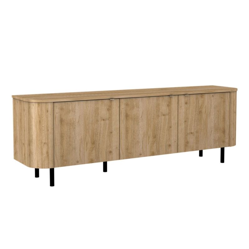 Meuble TV 3 portes aspect bois finition Cadiz design coins arrondis pieds métal noir - VIVARINI