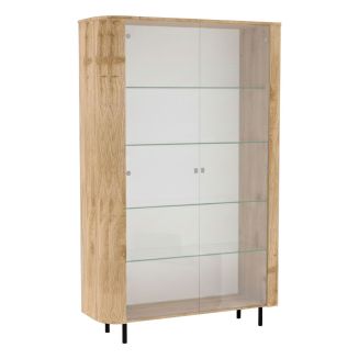 Vitrine 2 portes aspect bois finition Cadiz design coins arrondis pieds métal noir - VIVARINI