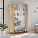 Vitrine 2 portes aspect bois finition Cadiz design coins arrondis pieds métal noir - VIVARINI
