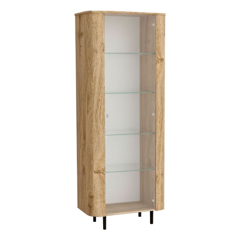 Vitrine 1 porte aspect bois finition Cadiz design coins arrondis pieds métal noir - VIVARINI