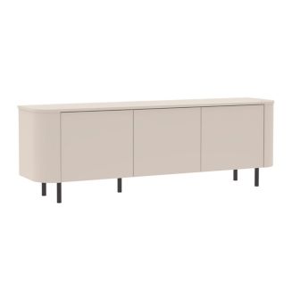Meuble TV 3 portes finition laqué beige design coins arrondis pieds métal noir - LYNA