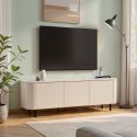 Meuble TV 3 portes finition laqué beige design coins arrondis pieds métal noir - LYNA