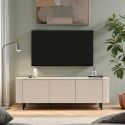 Meuble TV 3 portes finition laqué beige design coins arrondis pieds métal noir - LYNA