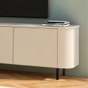Meuble TV 3 portes finition laqué beige design coins arrondis pieds métal noir - LYNA