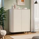 Meuble de rangement 2 portes finition laqué beige design coins arrondis pieds métal noir - LYNA