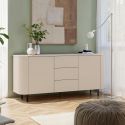 Buffet 2 portes 3 tiroirs finition laqué beige design coins arrondis pieds métal noir - LYNA