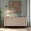 Buffet 2 portes 3 tiroirs finition laqué beige design coins arrondis pieds métal noir - LYNA