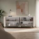 Buffet 4 portes finition laqué beige design coins arrondis pieds métal noir - LYNA