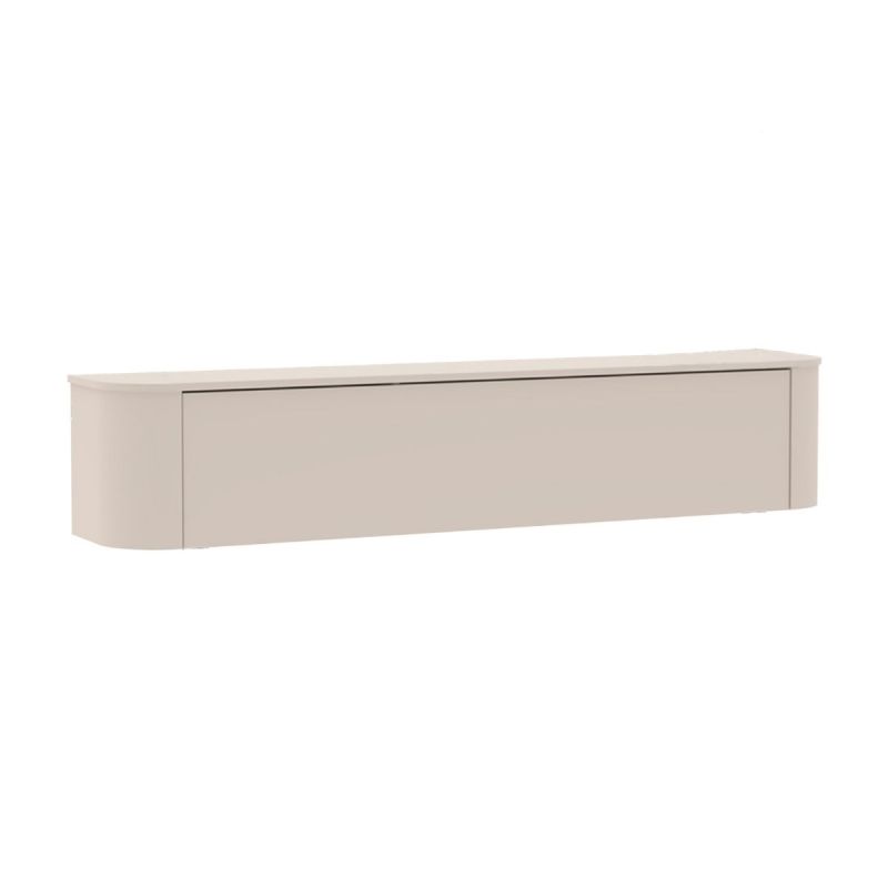 Meuble TV porte abattante suspendu ou à poser au sol finition laqué beige design coins arrondis - LYNA